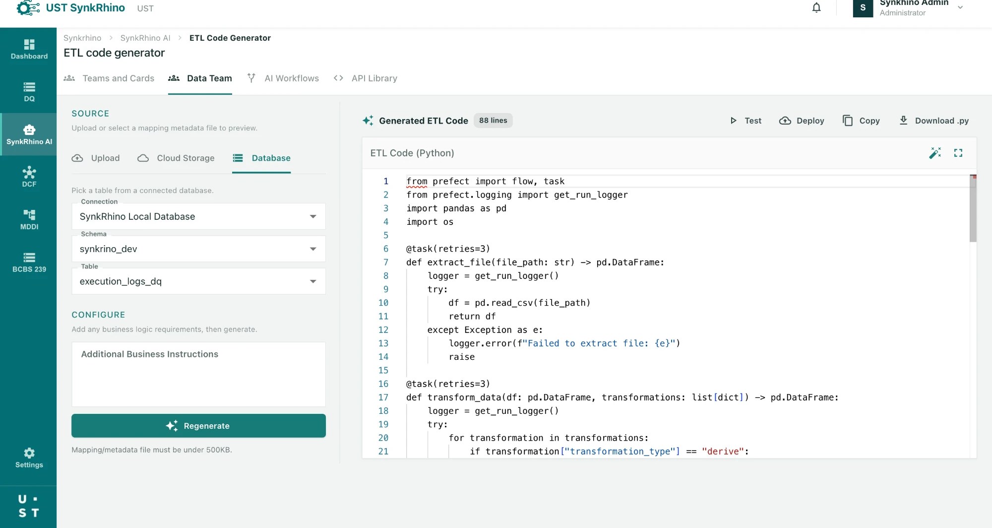 SynkRhino AI ETL code generator producing Python pipeline code
