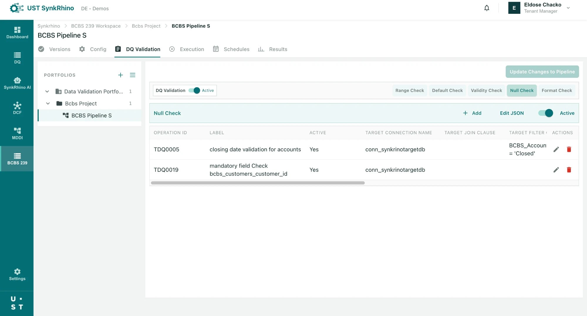 BCBS 239 DQ validation rule configuration