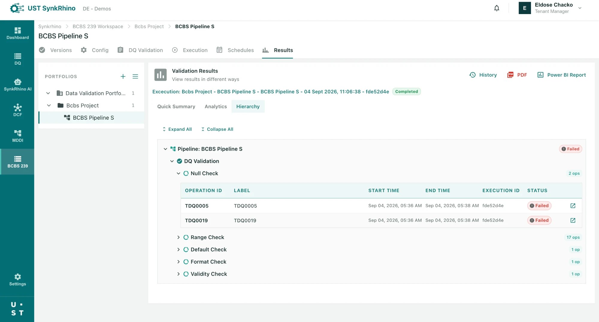 BCBS 239 validation results, hierarchy view