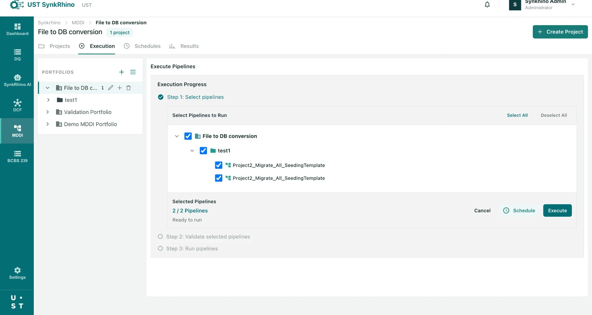 MDDI pipeline selection and validation screen