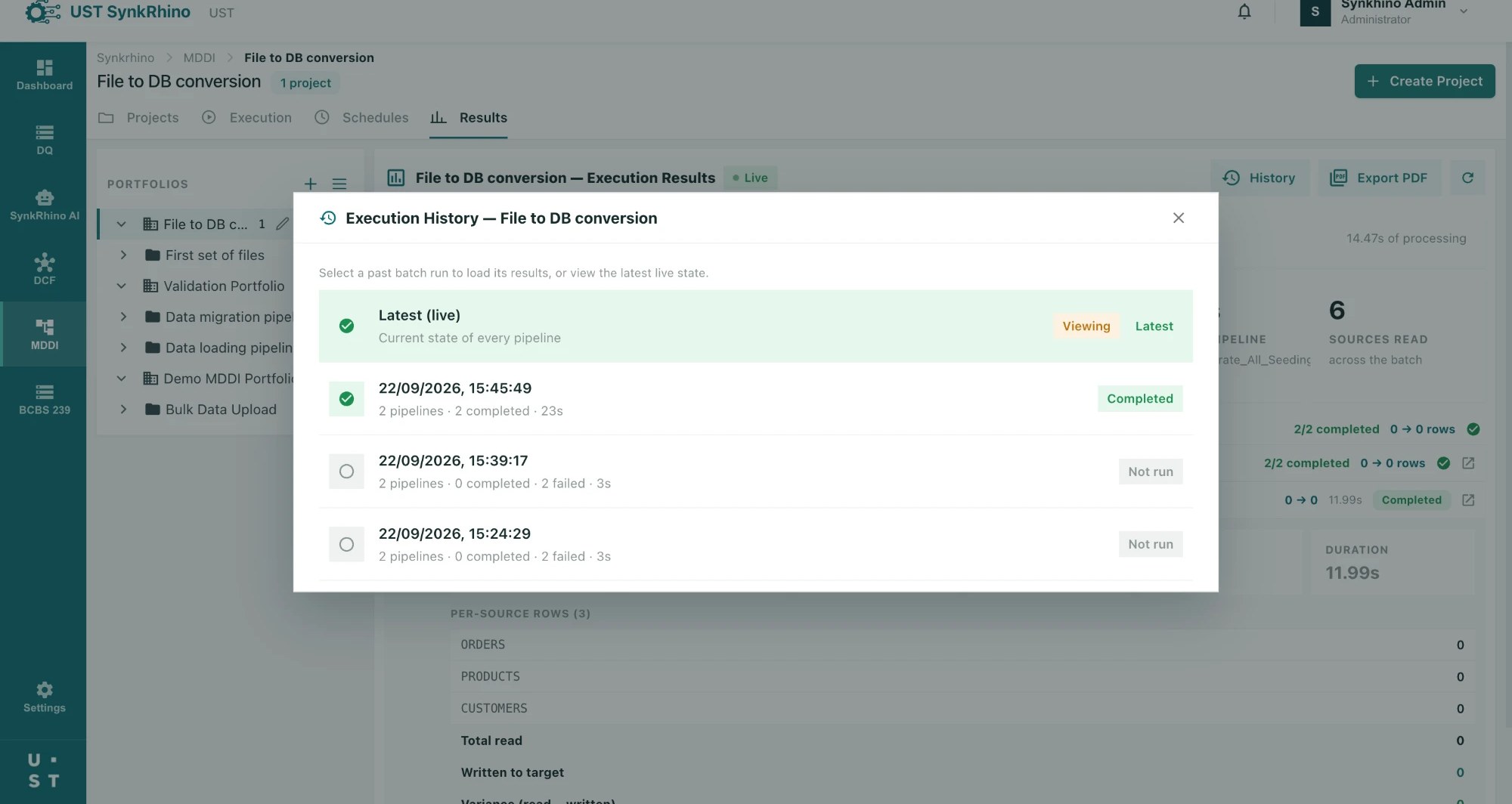 MDDI execution history of past batch runs